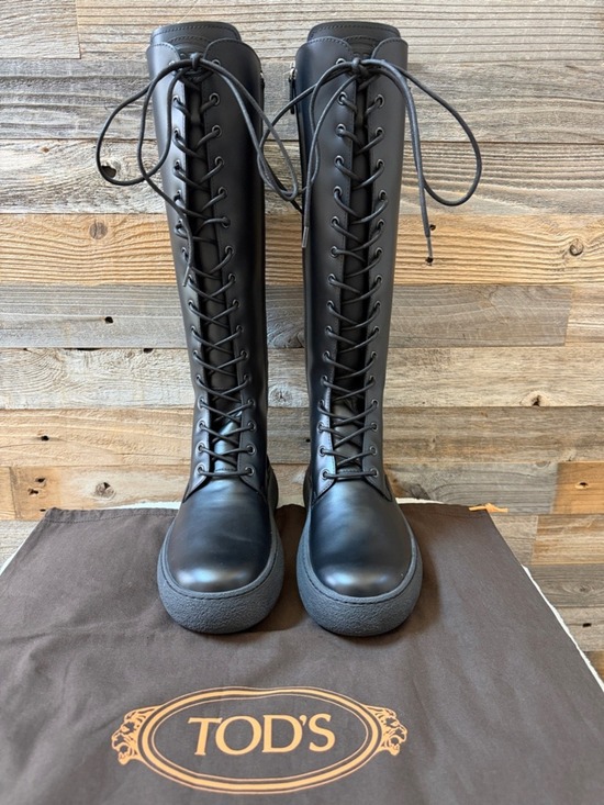 Tod's Shoes - Tod's Black Leather Tall Knee-Length Lace-Up Side Zip Boots Size 39 / 8 NIB